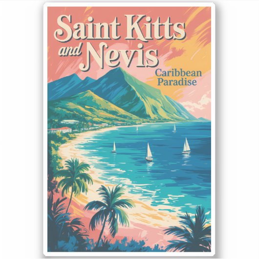 Saint Kitts en Nevis Landschapsillustratie Retro Sticker (Voorkant)