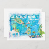 Saint Kitts Nevis Antilles Illustrated Map Briefkaart (Voorkant / Achterkant)