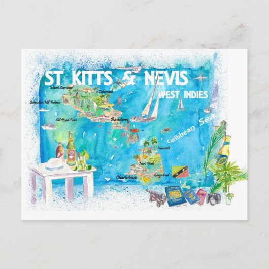 Saint Kitts Nevis Antilles Illustrated Map Briefkaart (Voorkant)