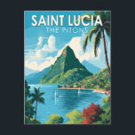 Saint Lucia De Pitons Reizen Kunst Vintage Briefkaart<br><div class="desc">Saint Lucia De Pitons vector kunst ontwerp. De Pitons zijn twee vulkanische pluggen,  vulkanische torens,  gelegen in Saint Lucia.</div>