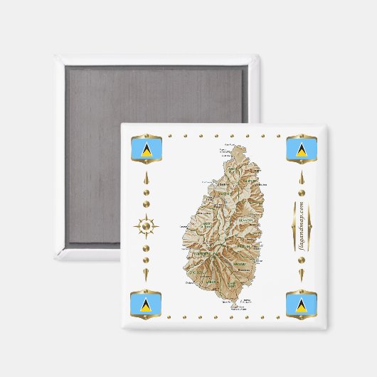 Saint Lucia Map + Flags Magnet (Voorkant / Achterkant)