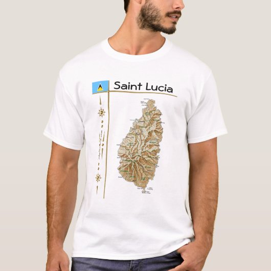 Saint Lucia Map + Vlag + Titel T-Shirt (Voorkant)