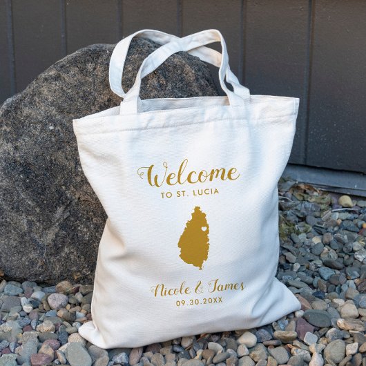Saint Lucia Map Wedding Welcome Canvas tas, Gold Tote Bag