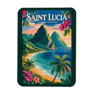 Saint Lucia Pitons Illustratie Reis Kunst Vintage Magneet