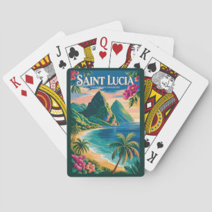 Saint Lucia Pitons Illustratie Reis Kunst Vintage Pokerkaarten