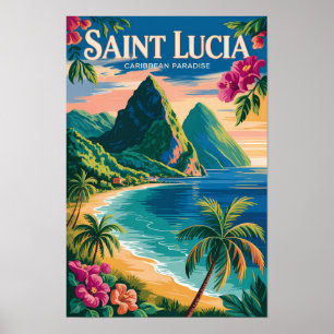 Saint Lucia Pitons Illustratie Reis Kunst Vintage Poster