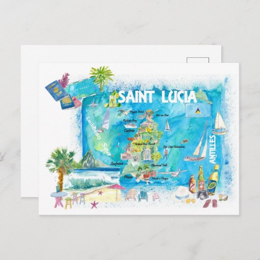Saint Lucia West Indies Illustrated Map Briefkaart (Voorkant / Achterkant)