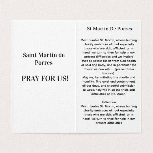 Saint Martin of Porres Prayer Card Kaart (Binnenkant ongevouwen)