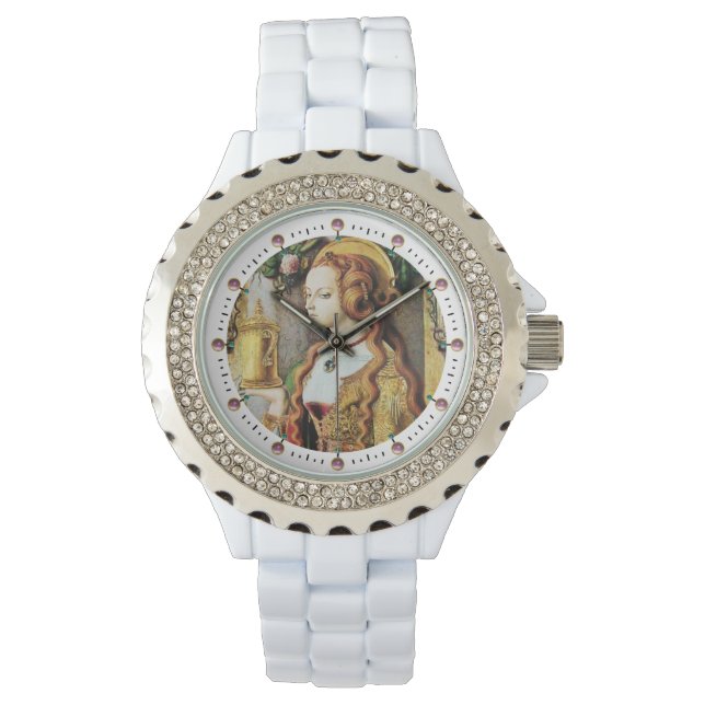 SAINT MARY MAGDALENE Roze stenen, wit Horloge (Voorkant)