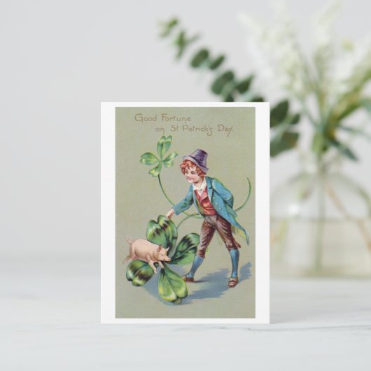 Saint Patrick's Day Boy & Lucky Pig,  Briefkaart (Staand voorkant)