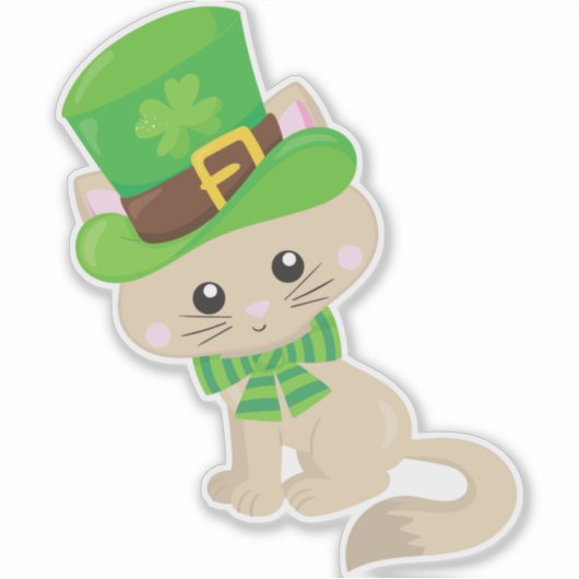 Saint Patrick's Day Cat, Leprechaun Pet, Clovers Sticker (Voorkant)