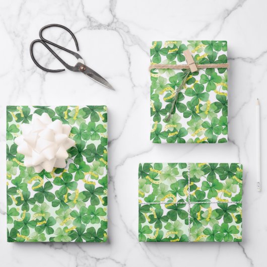 Saint Patrick's Day Green Four Leaf Clover Gold Inpakpapier Vel (Voorkant)