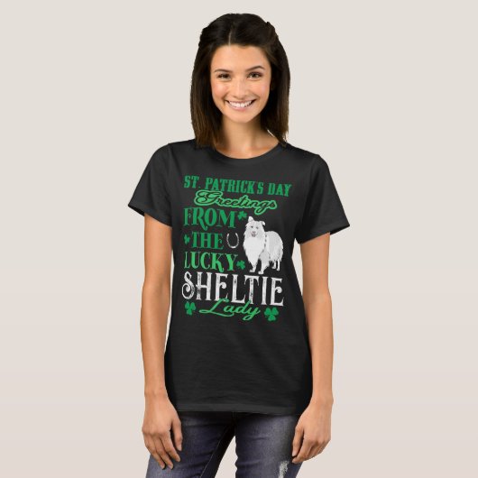 Saint Patricks Day Greetings Lucky Sheltie Lady T-shirt (Voorkant volledig)