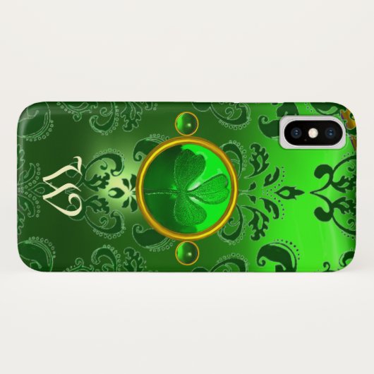 SAINT PATRICK'S SHAMROCK GREEN DAMASK MONOGRAM Case-Mate iPhone CASE (Achterkant (horizontaal))