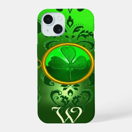 SAINT PATRICK'S SHAMROCK GREEN DAMASK MONOGRAM iPhone 15 CASE (Achterkant)