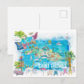 Saint Thomas USVI Illustrated Travel Map Briefkaart (Voorkant / Achterkant)