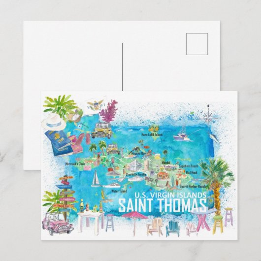 Saint Thomas USVI Illustrated Travel Map Briefkaart (Voorkant / Achterkant)