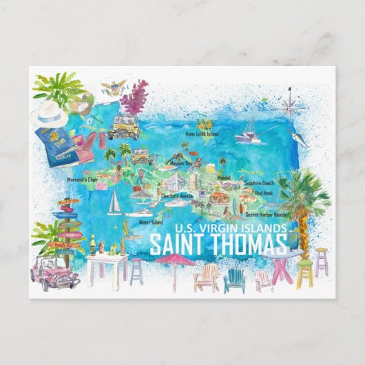 Saint Thomas USVI Illustrated Travel Map Briefkaart (Voorkant)