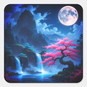 Sakora boom -Maanverlichte Waterval met Kersen-nat Vierkante Sticker