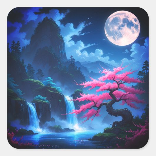 Sakora boom -Maanverlichte Waterval met Kersen-nat Vierkante Sticker (Voorkant)