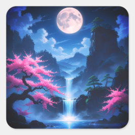 Sakora boom -Maanverlichte Waterval met Kersennatu Vierkante Sticker