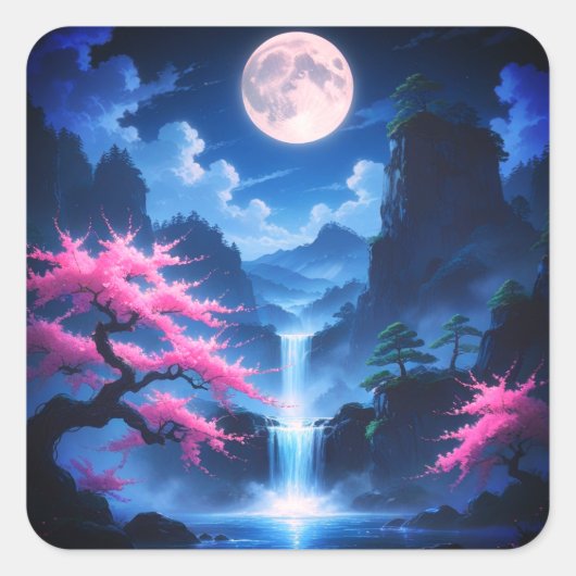 Sakora boom -Maanverlichte Waterval met Kersennatu Vierkante Sticker (Voorkant)