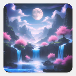 Sakora boom-Maanverlichte Waterval met Kersenroze Vierkante Sticker