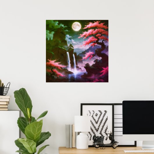 Sakora boom-Maanverlichte Waterval met Kersroze Poster (Thuiskantoor)