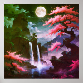 Sakora boom-Maanverlichte Waterval met Kersroze Poster