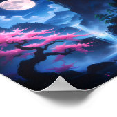 Sakora boom-Maanverlichte Waterval met Kersroze Poster (Hoek)