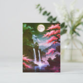 Sakora tree-Moonlit Waterfall with Cherr-pink Briefkaart (Staand voorkant)