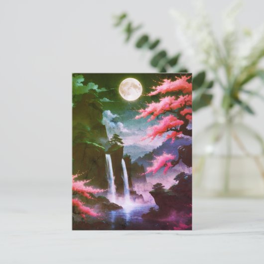 Sakora tree-Moonlit Waterfall with Cherr-pink Briefkaart (Staand voorkant)