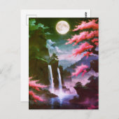 Sakora tree-Moonlit Waterfall with Cherr-pink Briefkaart (Voorkant / Achterkant)
