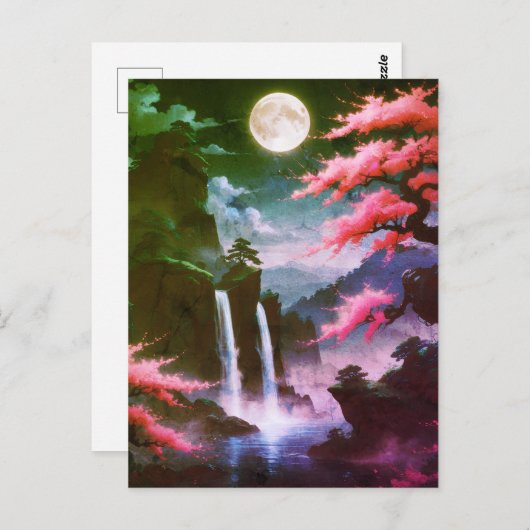 Sakora tree-Moonlit Waterfall with Cherr-pink Briefkaart (Voorkant / Achterkant)