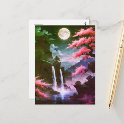 Sakora tree-Moonlit Waterfall with Cherr-pink Briefkaart (Voorkant / Achterkant in situ)