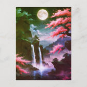Sakora tree-Moonlit Waterfall with Cherr-pink Briefkaart (Voorkant)