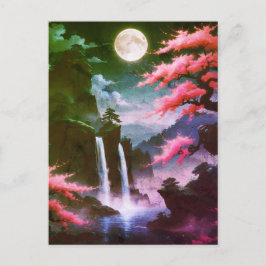 Sakora tree-Moonlit Waterfall with Cherr-pink Briefkaart