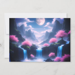 Sakora tree-Moonlit Waterfall with Cherr-pink Kaart