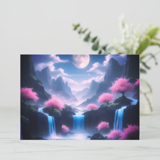 Sakora tree-Moonlit Waterfall with Cherr-pink Kaart (Staand voorkant)