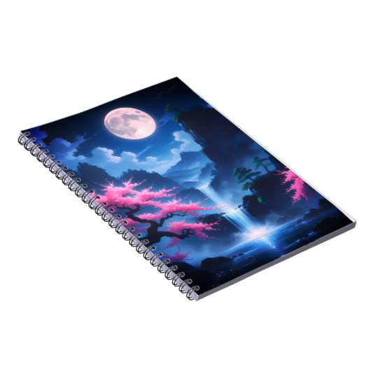 Sakora tree-Moonlit Waterfall with Cherr-pink Notitieboek (Rechterzijde)