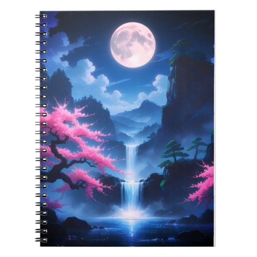 Sakora tree-Moonlit Waterfall with Cherr-pink Notitieboek (Voorkant)