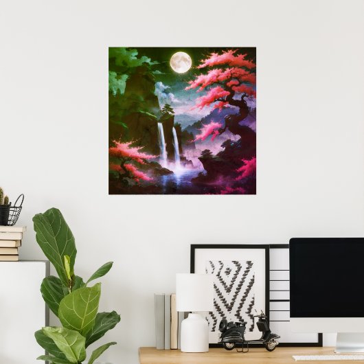 Sakora tree-Moonlit Waterfall with Cherr-pink Poster (Thuiskantoor)