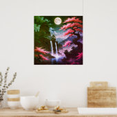 Sakora tree-Moonlit Waterfall with Cherr-pink Poster (Keuken)