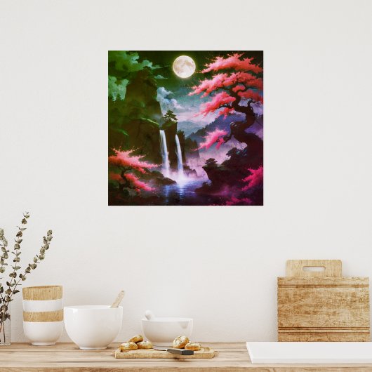 Sakora tree-Moonlit Waterfall with Cherr-pink Poster (Keuken)