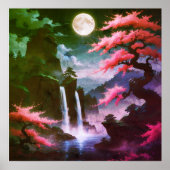 Sakora tree-Moonlit Waterfall with Cherr-pink Poster (Voorkant)