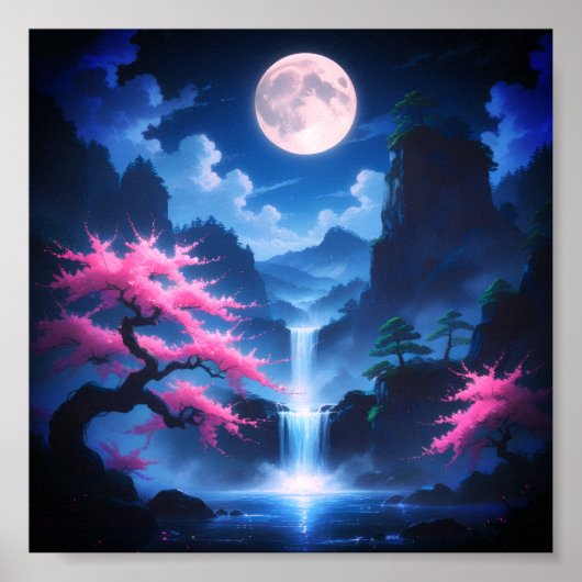 Sakora tree-Moonlit Waterfall with Cherr-pink Poster (Voorkant)