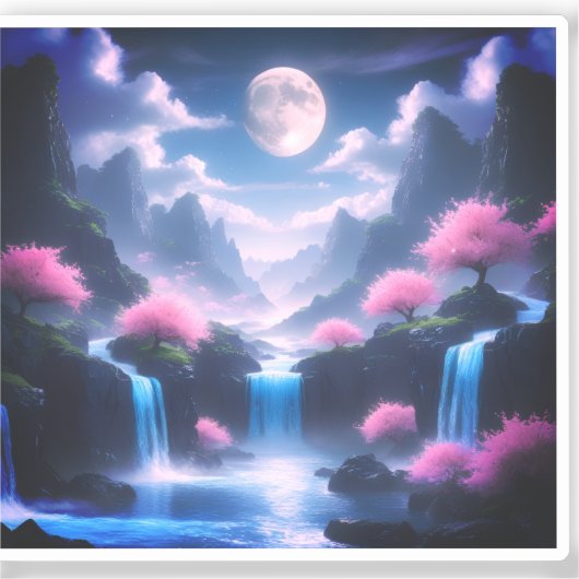 Sakora tree-Moonlit Waterfall with Cherr-pink Sticker (Voorkant)