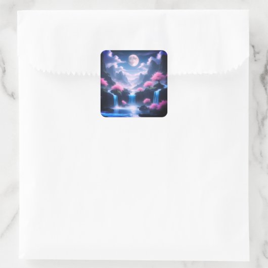 Sakora tree-Moonlit Waterfall with Cherr-pink Vierkante Sticker (Tas)
