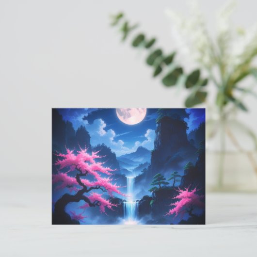 Sakora tree -Moonlit Waterfall with Cherry-nature Briefkaart (Staand voorkant)