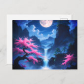 Sakora tree -Moonlit Waterfall with Cherry-nature Briefkaart (Voorkant / Achterkant)